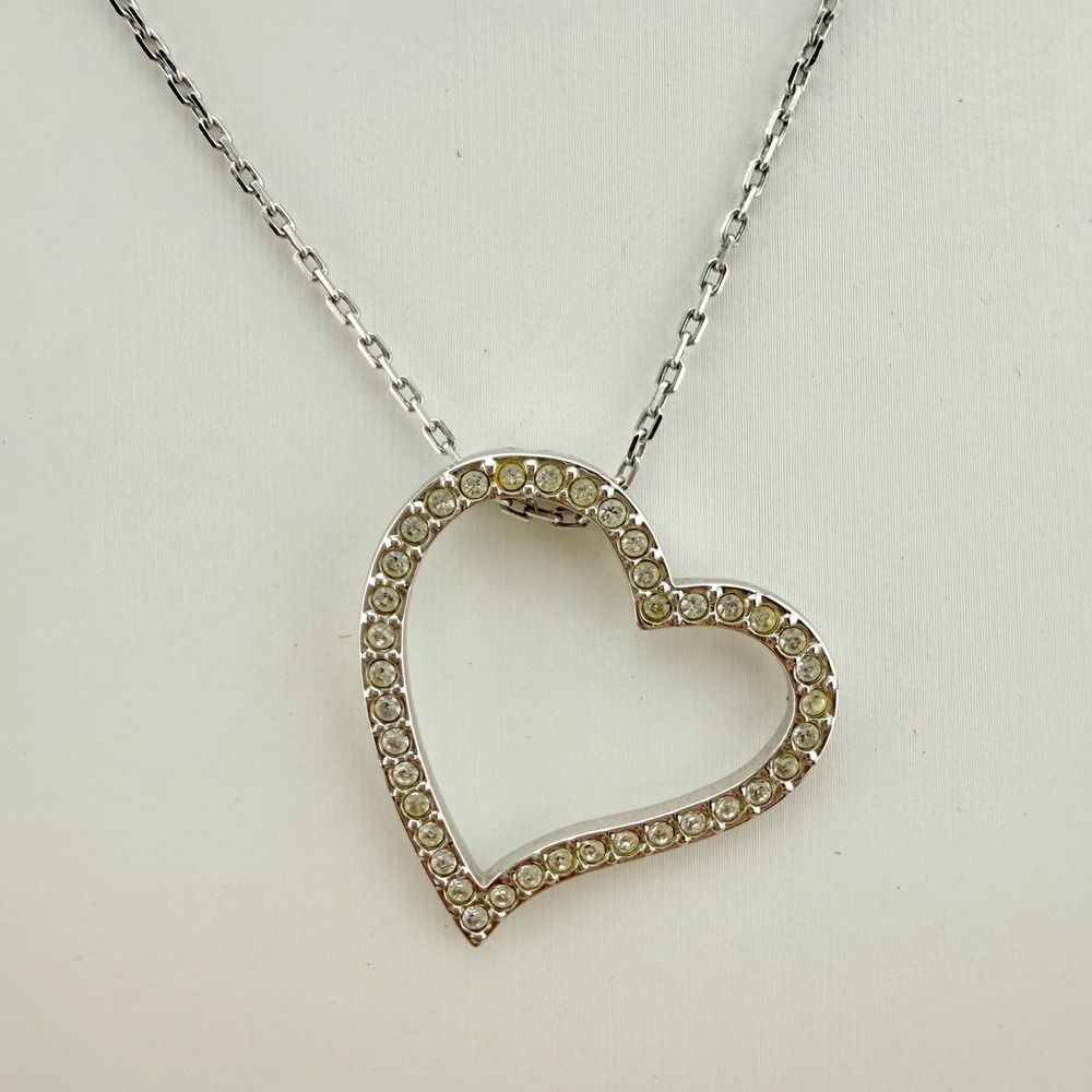 Swarovski Necklace Pave Crystal Open Heart Pendant Silver Tone Y2K